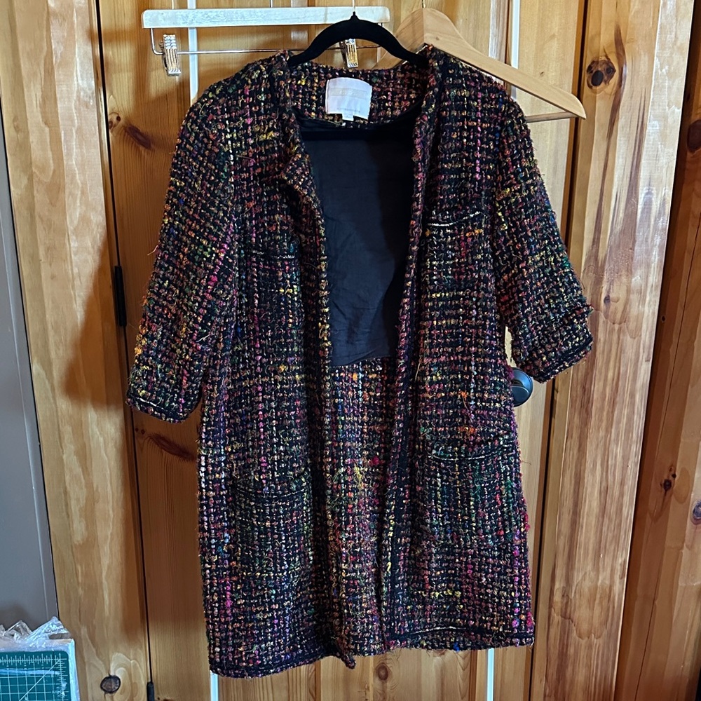 Anthropologie Multicolor Bouclé Tweed Open-Front Jacket 3/4 Sleeves Pockets Midi